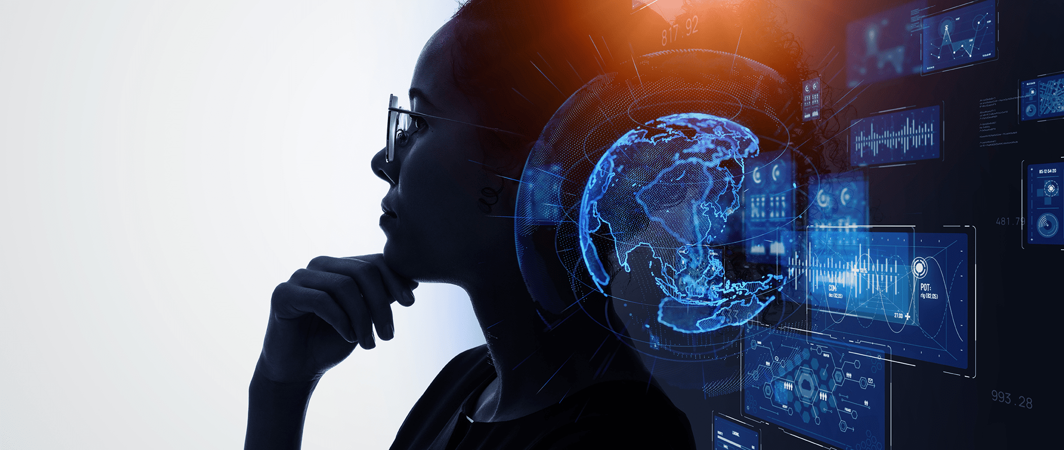 image of woman with glasses and data representation of a globe