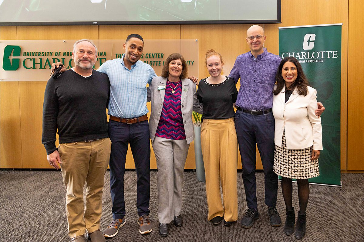 From left to right: Dr. Steven Rogelberg, Dr. George Banks, Associate Vice Chancellor of Alumni Engagement Jodi Kaplan, Dr. Nicole Strah, Dr. Scott Tonidandel, and Dr. Janaki Gooty at Leadership Science in Action presentation. 