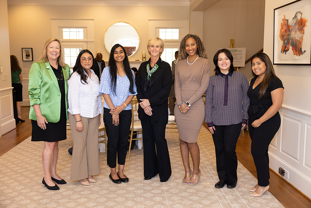 Photo: Susan DeVore, middle, with Chancellor Gaber and students Sonia Pacheco Mejia, Soumitri Kanduri, Adira Adbullah, Anna Lee and Yahaira Trejo.